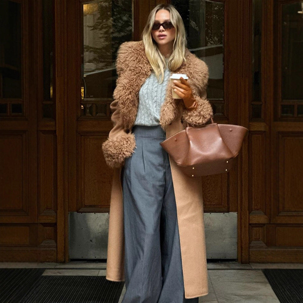 Damen Maxilanger Wollmixmantel mit abnehmbarem lockigem Faux‑Fur‑Schalkragen und Fellmanschetten Nord Taschen