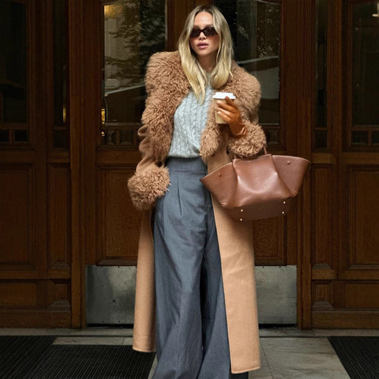 Damen Maxilanger Wollmixmantel mit abnehmbarem lockigem Faux‑Fur‑Schalkragen und Fellmanschetten Nord Taschen