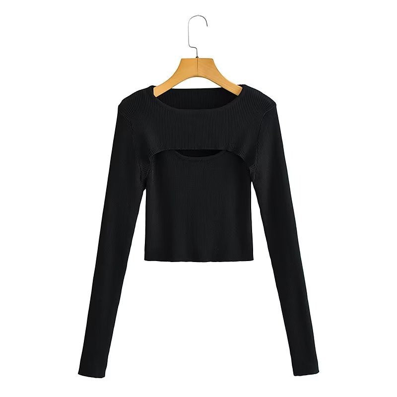 Damen Kurz geschnittenes Rippstrick-Top mit asymmetrischen Cut-Outs und Rundhalsausschnitt Nord Taschen