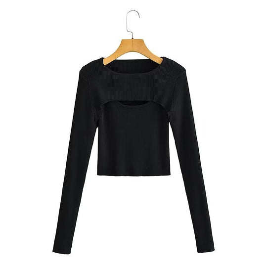 Damen Kurz geschnittenes Rippstrick-Top mit asymmetrischen Cut-Outs und Rundhalsausschnitt Nord Taschen