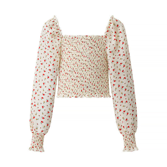 Damen Gesmoktes Cropped-Top mit Puffärmeln und Blumendessin Nord Taschen