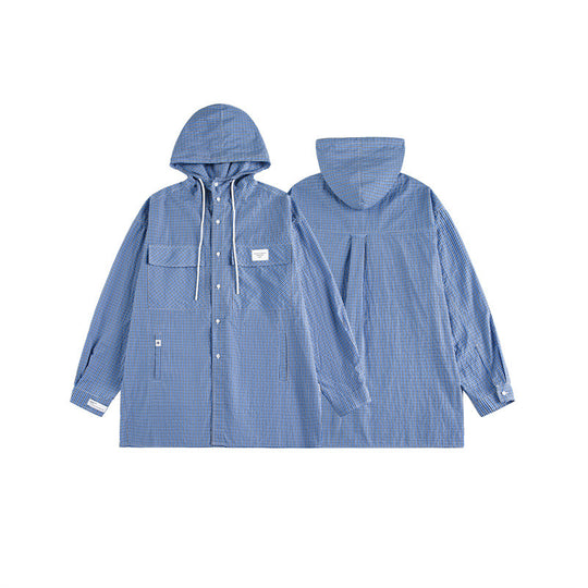 Unisex Kapuzen-Overshirt im karierten Longline-Schnitt mit Pattentaschen und Druckknopfleiste Nord Taschen