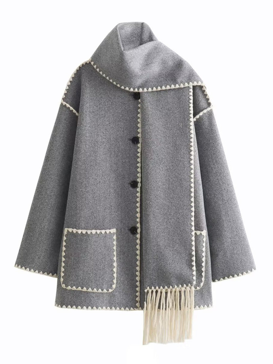 Damen Cape-Mantel mit angesetztem Fransen-Schal und Zier-Zickzacknaht Nord Taschen