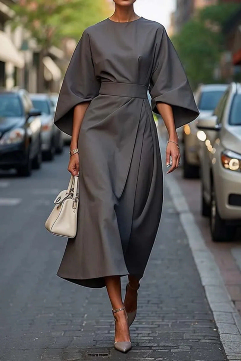 Damen Elegantes Midikleid mit weitem Kimonoärmel, tailliertem Gürtel und drapierter A‑Linie Nord Taschen