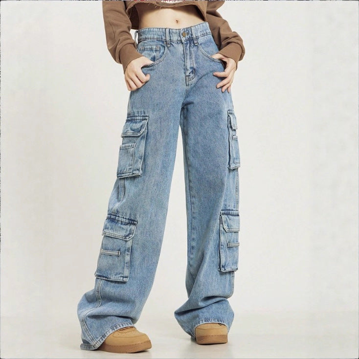 Damen Hochgeschnittene Baggy-Cargo-Jeans mit Mehrfach‑Utility‑Taschen Nord Taschen