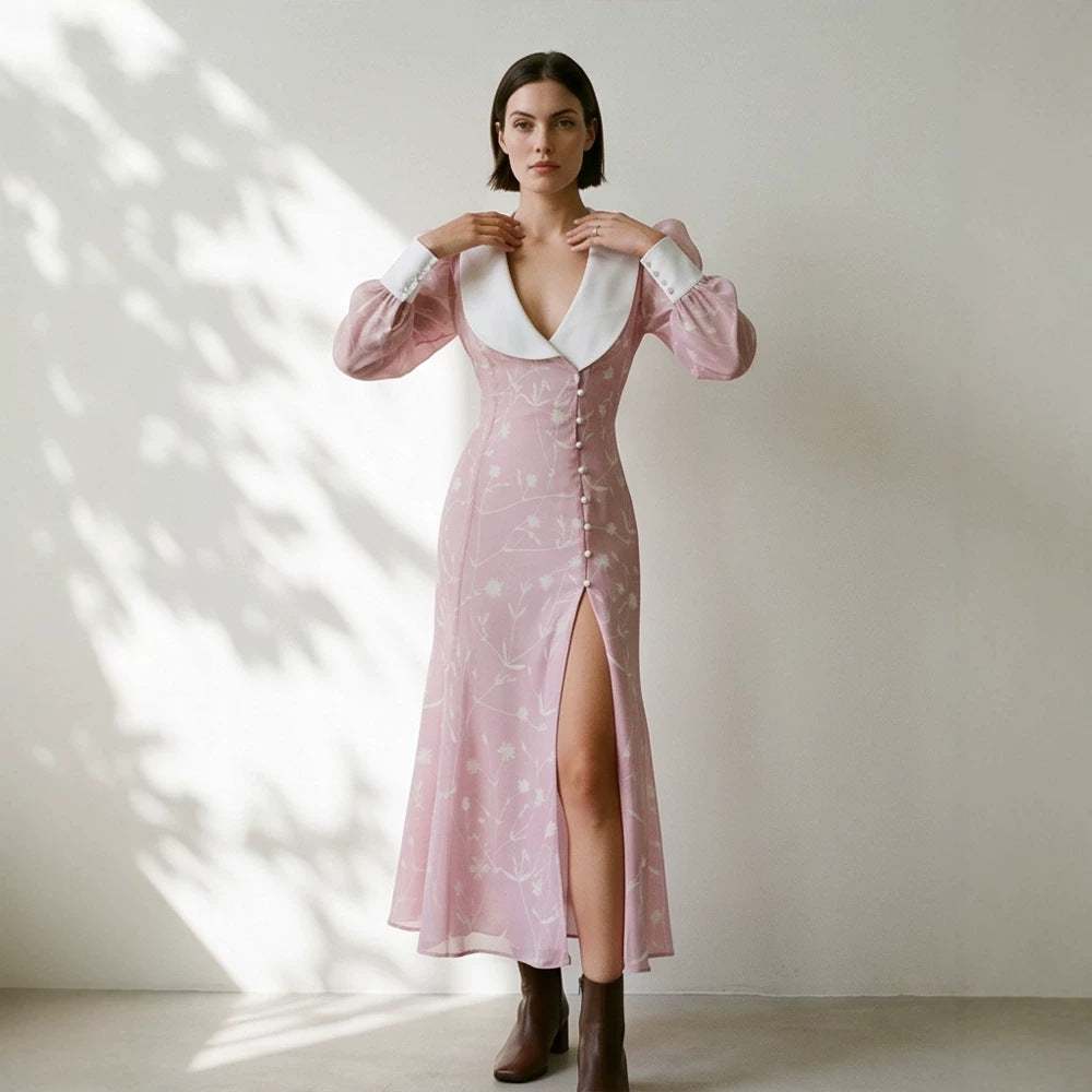 Damen Midikleid mit tiefem Schalkragen, Puffärmeln und seitlichem Schlitz Nord Taschen