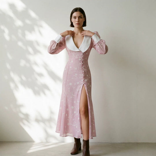 Damen Midikleid mit tiefem Schalkragen, Puffärmeln und seitlichem Schlitz Nord Taschen