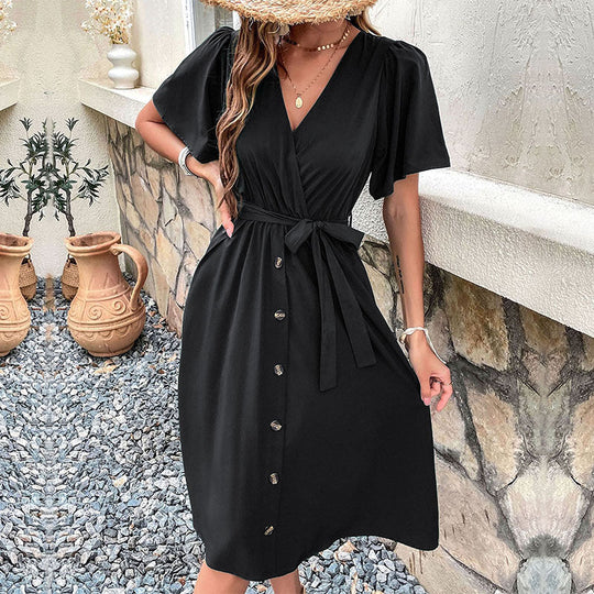 Damen Midi-Kleid mit eleganter Wickeloptik und praktischen Knopfdetails