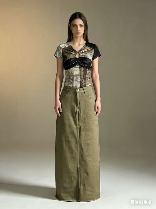 Damen Maxi-Denim-Rock mit hohem Bund und fransigem Saum