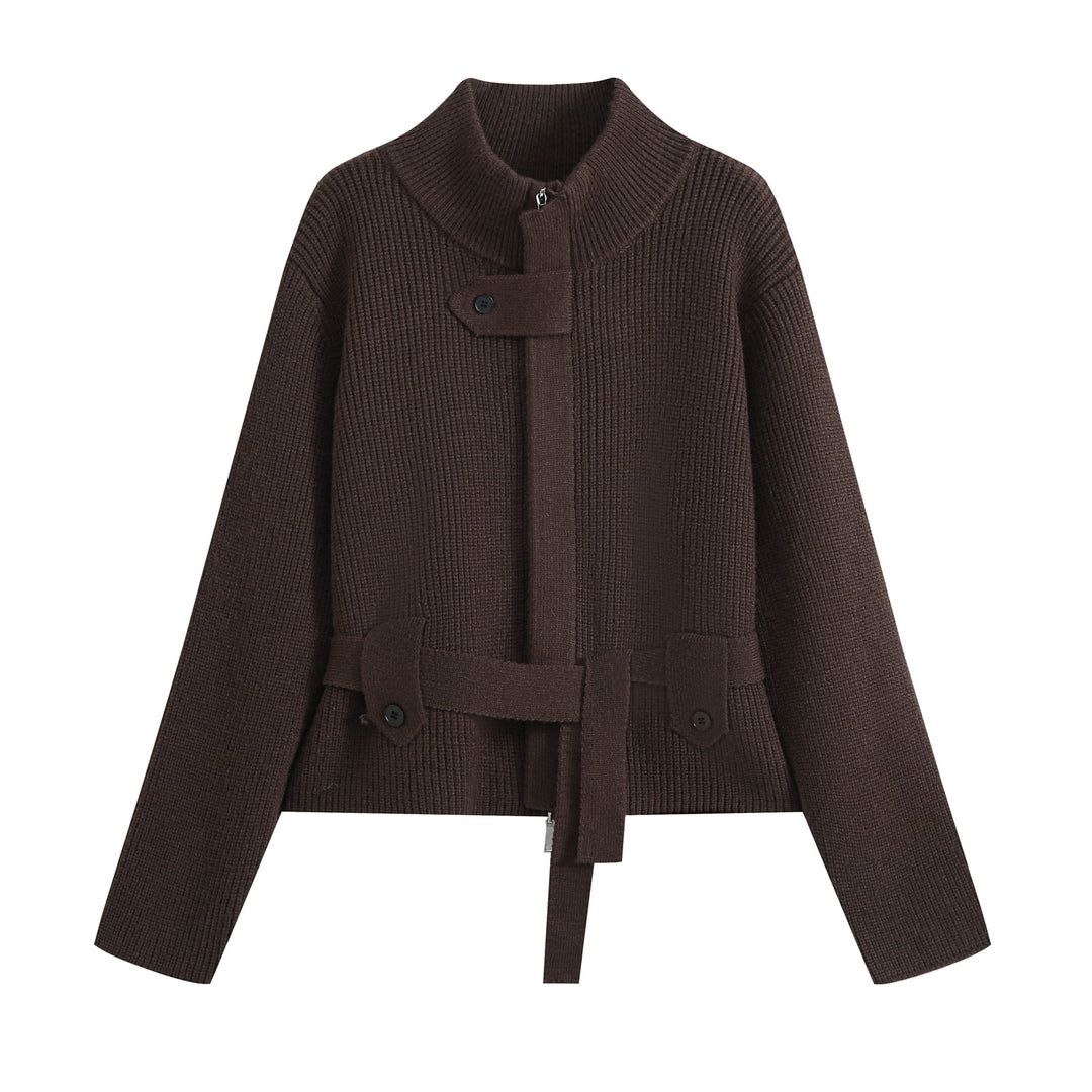 Damen Strickjacke mit Stehkragen, Reißverschluss und Taillenbindegürtel Nord Taschen