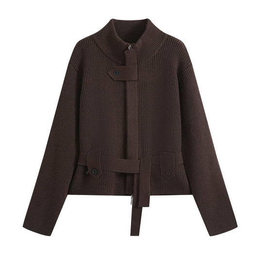 Damen Strickjacke mit Stehkragen, Reißverschluss und Taillenbindegürtel Nord Taschen