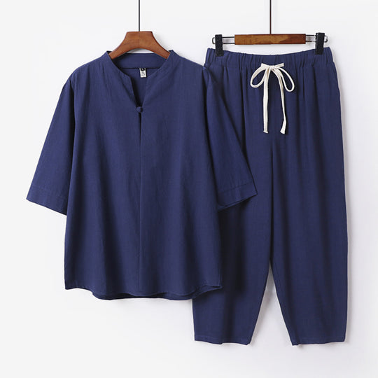 Damen Leichtes Leinen-Baumwoll-Loungewear-Set mit Stehkragen, Dreiviertelärmeln und Gummizugbundhose Nord Taschen