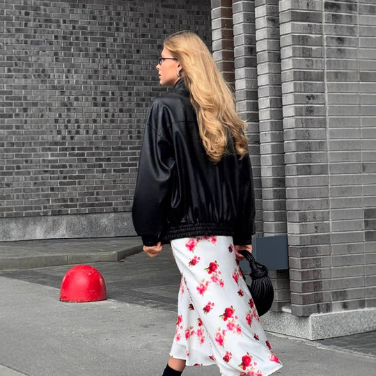Damen Boxy-Lederimitat-Blouson mit Stehkragen und gerafften Bündchen Nord Taschen
