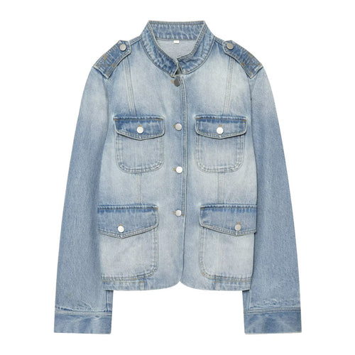 Damen Jeans-Kurzjacke im Utility-Stil mit Schulterklappen Nord Taschen