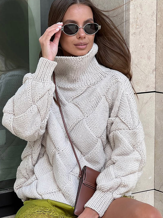 Damen Oversize Strickpullover mit Rollkragen, Zopfmuster und voluminösen Ballonärmeln Nord Taschen