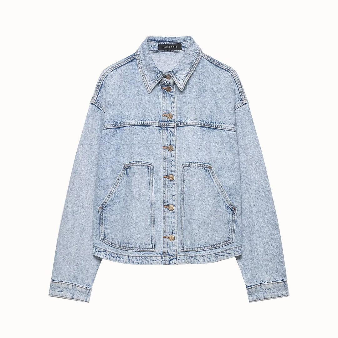 Damen Boxy Cropped Denim-Workerjacke mit großen aufgesetzten Fronttaschen Nord Taschen