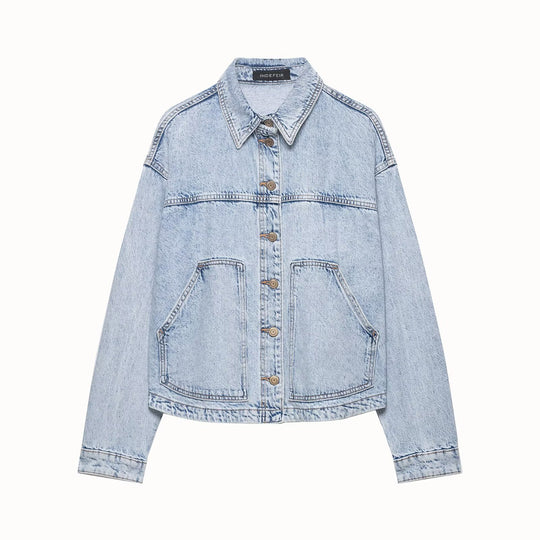 Damen Boxy Cropped Denim-Workerjacke mit großen aufgesetzten Fronttaschen Nord Taschen