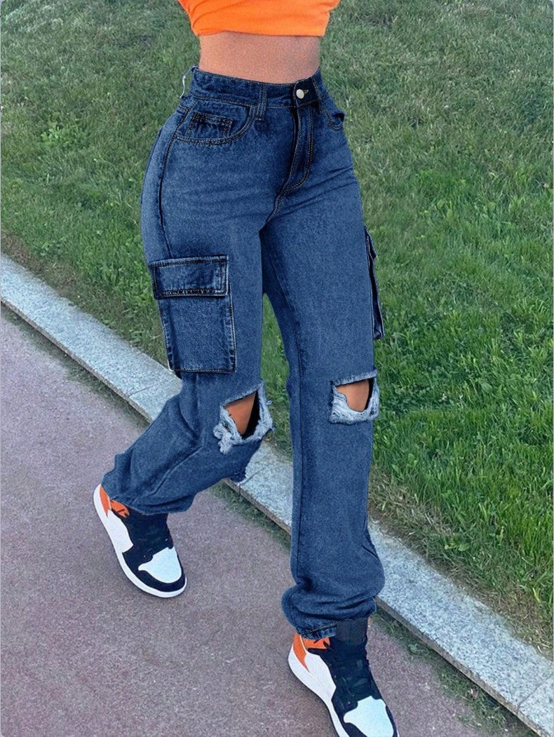 Damen High-Waist Cargo-Jeans mit geradem Bein, Knie-Rissen und seitlicher Klappentasche Nord Taschen