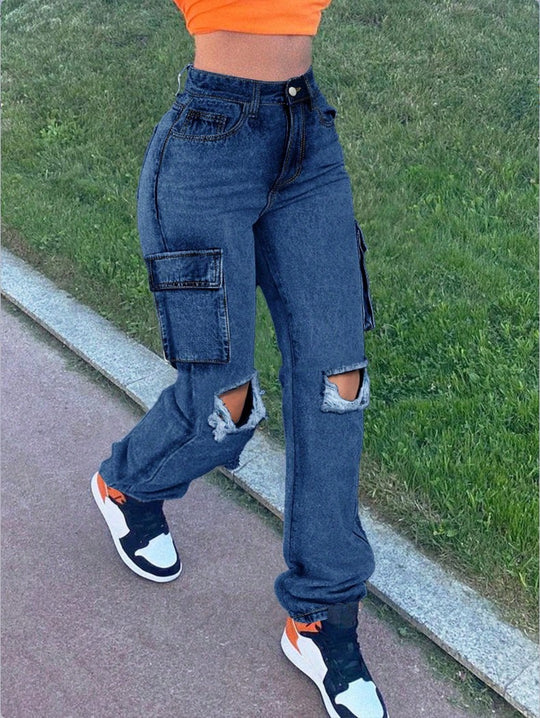 Damen High-Waist Cargo-Jeans mit geradem Bein, Knie-Rissen und seitlicher Klappentasche Nord Taschen