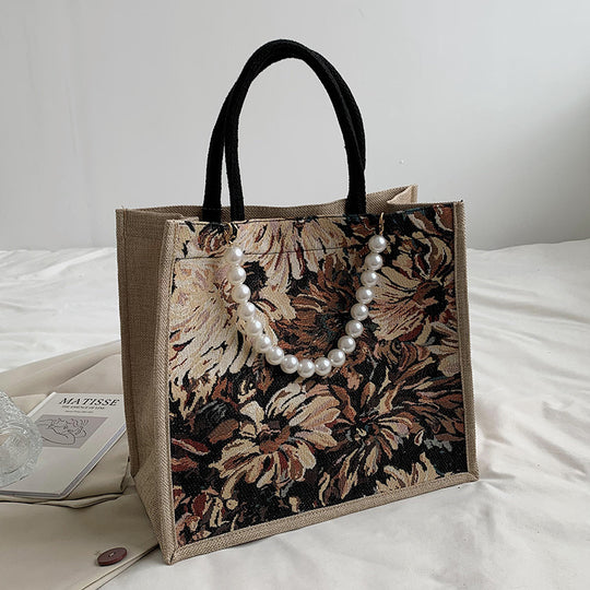 Damen Einkaufstasche mit floralem Jacquard-Muster und eleganter Perlenverzierung Nord Taschen