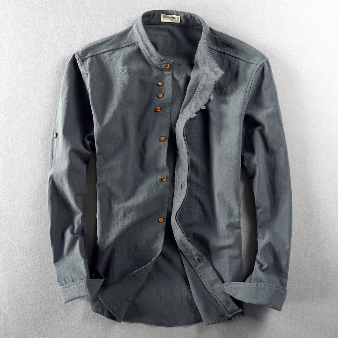 Herren Leichtes Baumwoll-Leinen Overshirt mit Stehkragen und Knopfleisten-Detail Nord Taschen