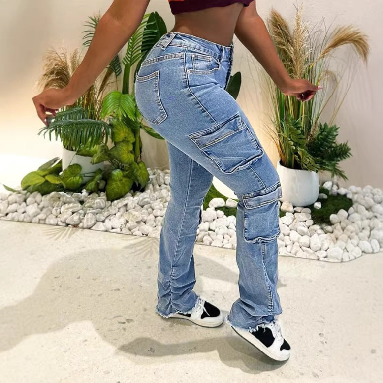 Damen Cargo-Denim-Jeans mit hoher Taille, Slim‑Fit-Hüfte und aufgesetzten Utility-Taschen Nord Taschen