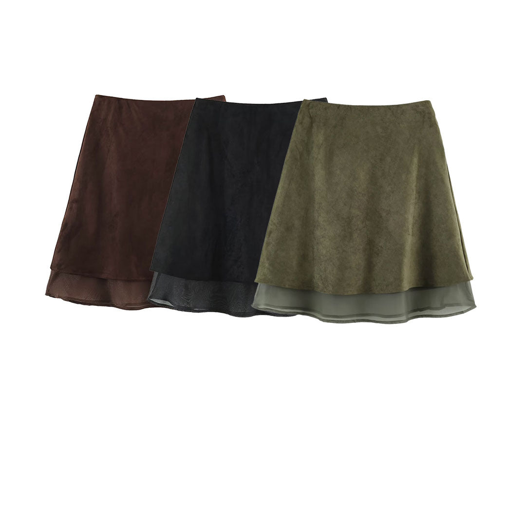 Damen A‑Linien Midirock mit Veloursoptik und Chiffon‑Volant Nord Taschen