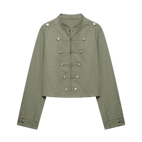 Damen Cropped Offiziersjacke im Military‑Look mit Stehkragen und dekorativen Druckknopfleisten Nord Taschen