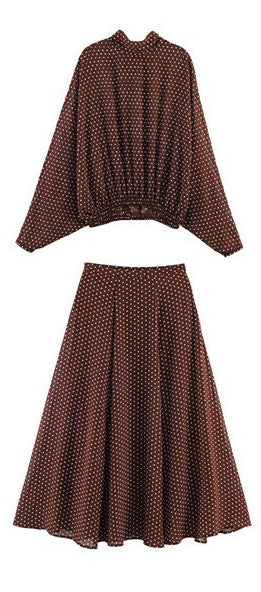 Damen Zweiteiliges Retro-Polka-Dot Set mit weitem Fledermausoberteil und plissiertem Midirock Nord Taschen