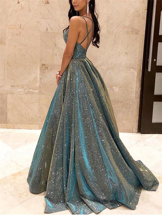 Damen Spaghettiträger V-Ausschnitt A-Linie Glitzer Maxikleid - Arvani