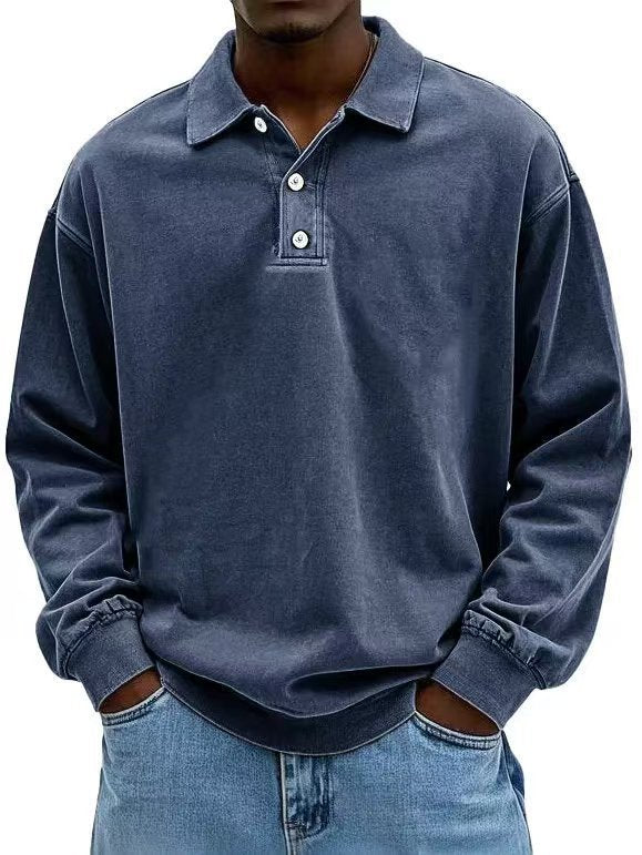 Herren nan lässiges Poloshirt-Sweatshirt mit Kragen, Vintage-Waschung und dreiteiliger Knopfleiste