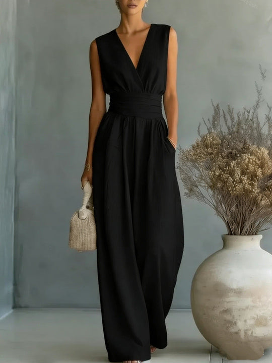 Eleganter Ärmelloser Jumpsuit mit Tiefem V-Ausschnitt, Taillenbund und Weitem Bein Avellé