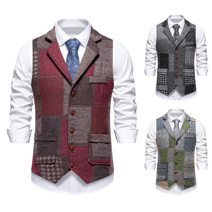 Herren Patchwork Weste mit Reverskragen Knopfleiste und aufgesetzten Taschen Nord Taschen