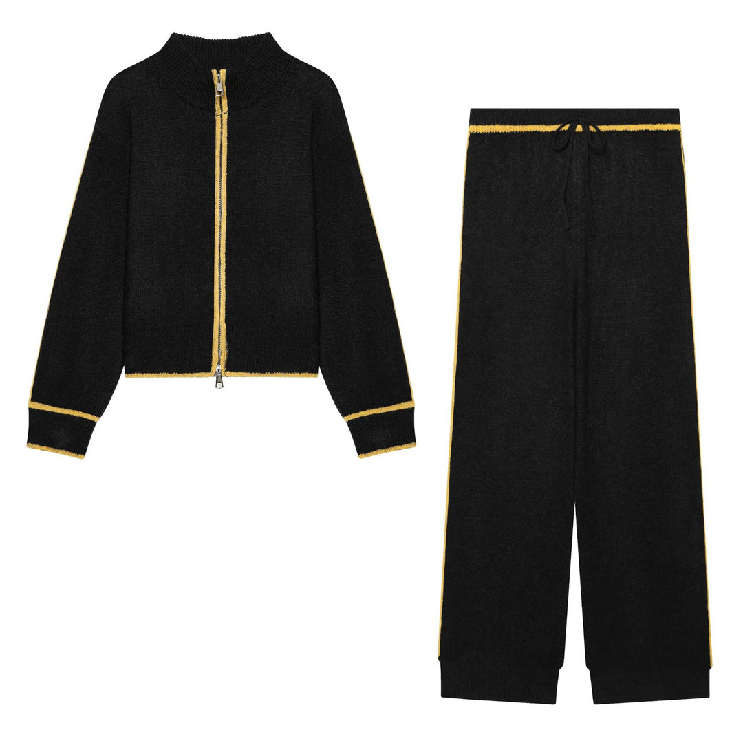 Damen Kuschel-Strickset mit Reißverschluss-Cardigan, Stehkragen und weiter Strickhose Nord Taschen