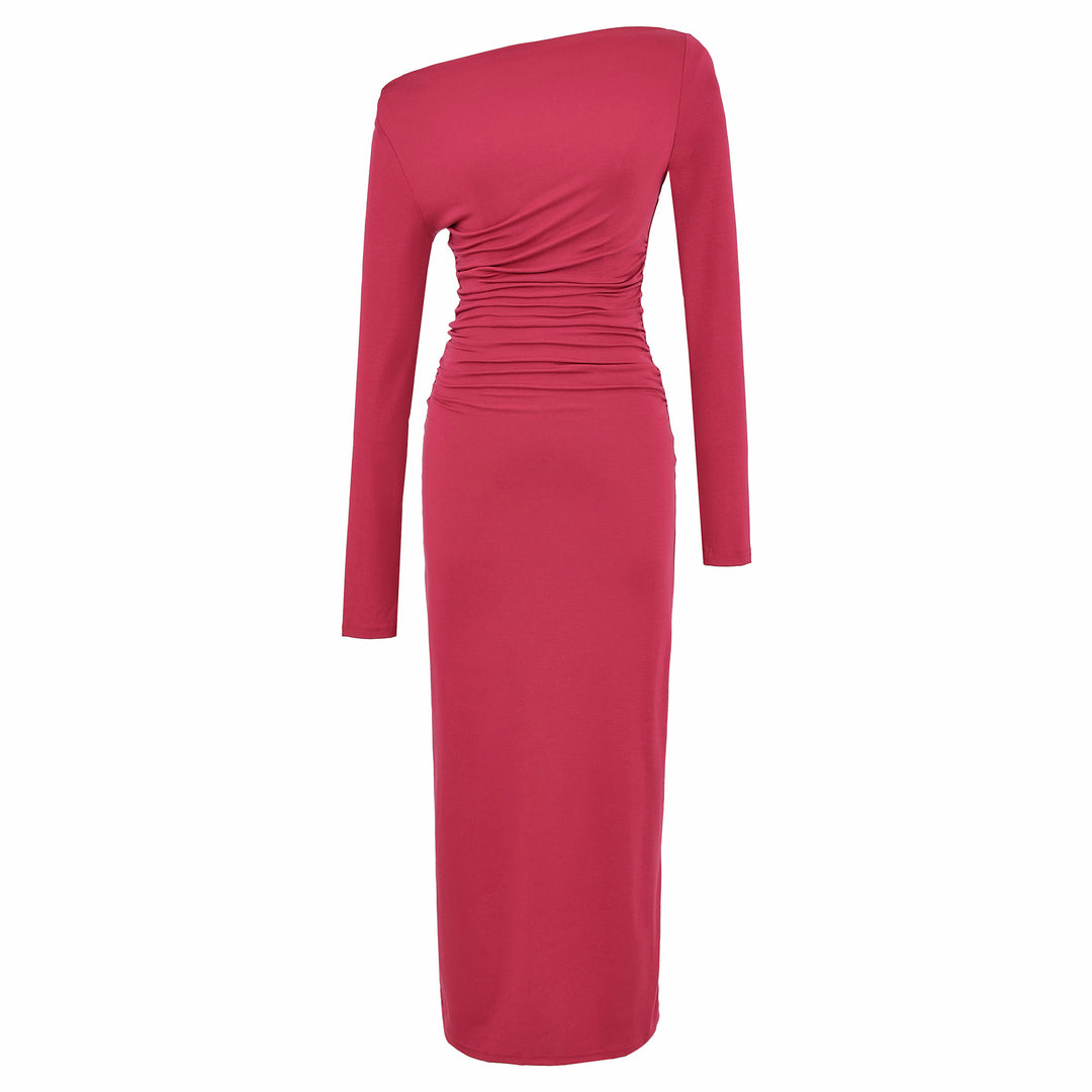 Damen Einschulter-Midikleid mit Langarm und seitlicher Raffung Nord Taschen