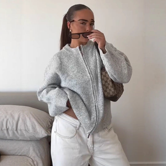 Damen Grobstrick‑Zipper‑Cardigan mit Oversize‑Schnitt Nord Taschen