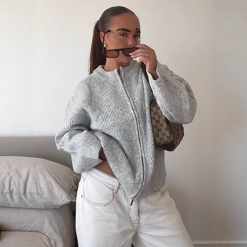 Damen Grobstrick‑Zipper‑Cardigan mit Oversize‑Schnitt Nord Taschen