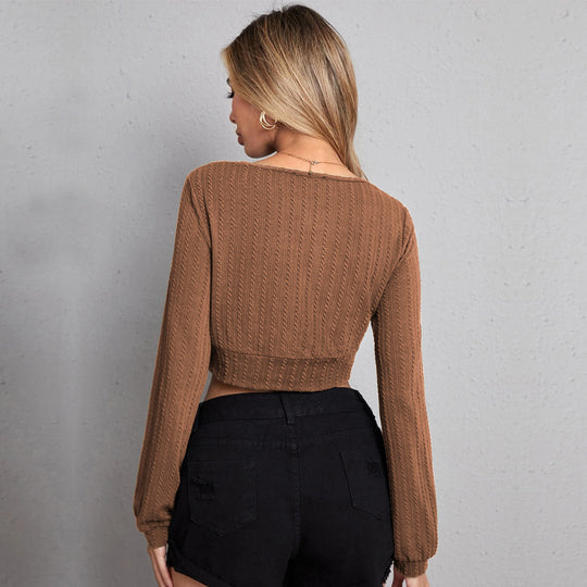 Damen gestricktes Cropped-Wickeltop mit V-Ausschnitt, taillierter Unterbrustnaht und Zopfmuster-Optik Nord Taschen