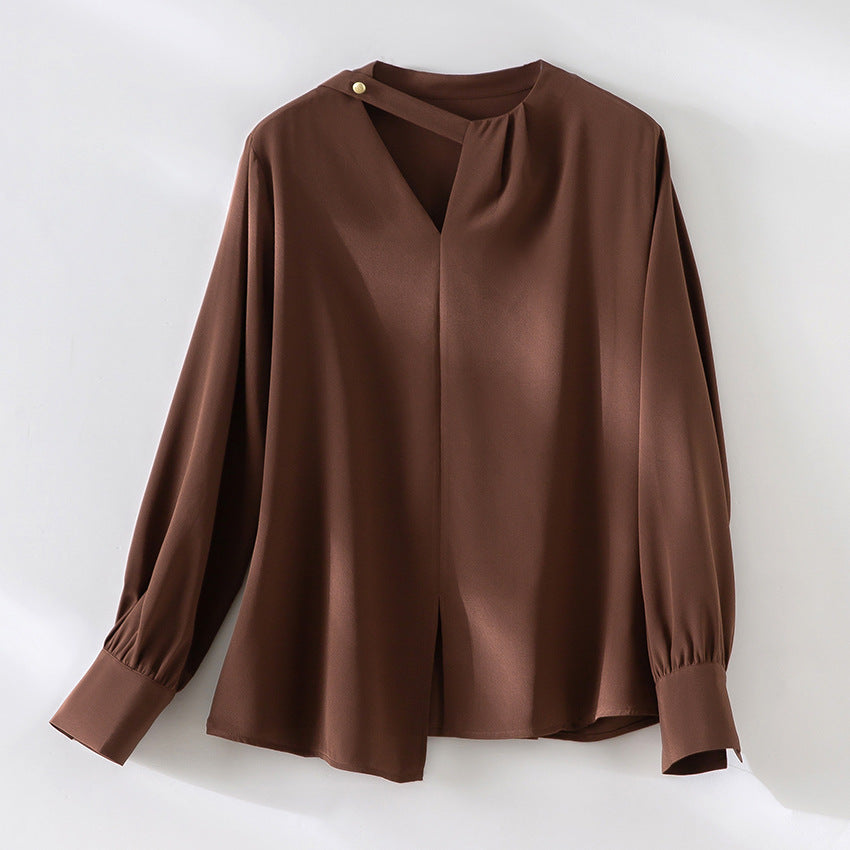 Damen elegante oversized Bluse mit asymmetrischem V-Ausschnitt und Manschetten Nord Taschen