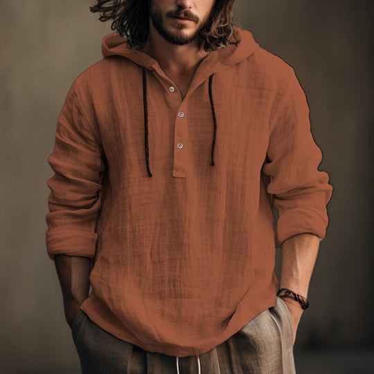 Herren Leichtes Kapuzenhemd im Leinenlook mit Henley-Knopfleiste Nord Taschen
