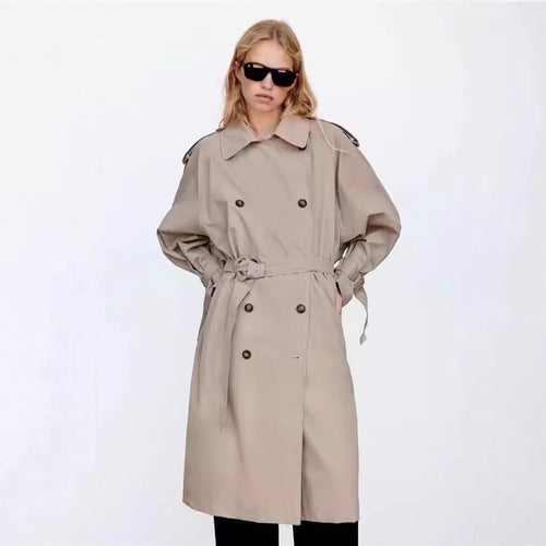 Damen Doppelreihiger Trenchcoat mit Taillengürtel, Oversized‑Schnitt und Schulterriegeln Nord Taschen