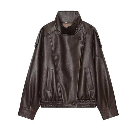 Damen Kunstleder-Bomberjacke mit hohem Stehkragen, asymmetrischem Verschluss und elastischem Saum Nord Taschen