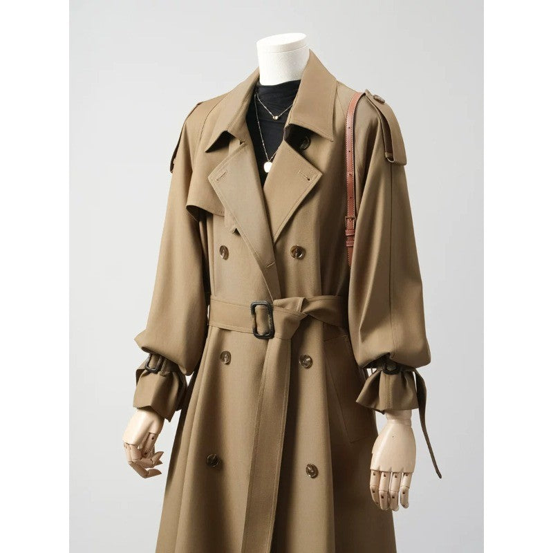 Damen Doppelreihiger Trenchcoat mit Taillengürtel und Ballonärmeln Nord Taschen