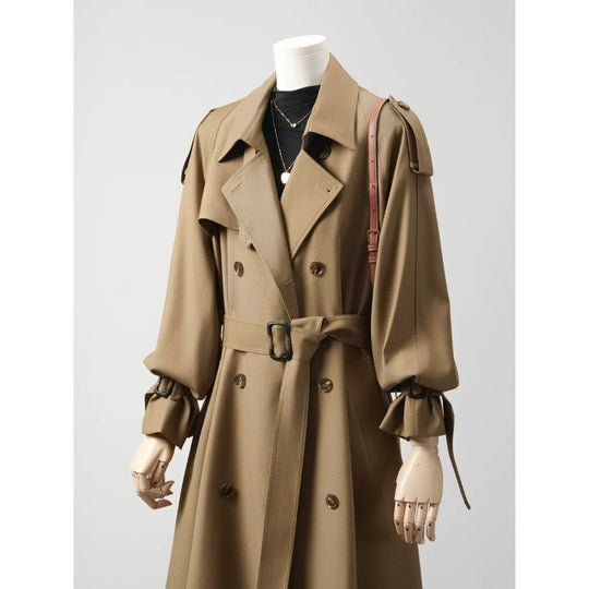 Damen Doppelreihiger Trenchcoat mit Taillengürtel und Ballonärmeln Nord Taschen