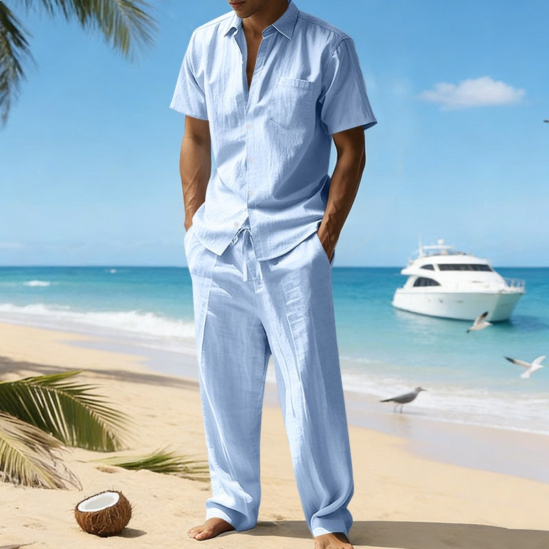 Herren nan resort-taugliches Kurzarm-Hemd mit Brusttasche und lässiger Leinen-Kordelhose