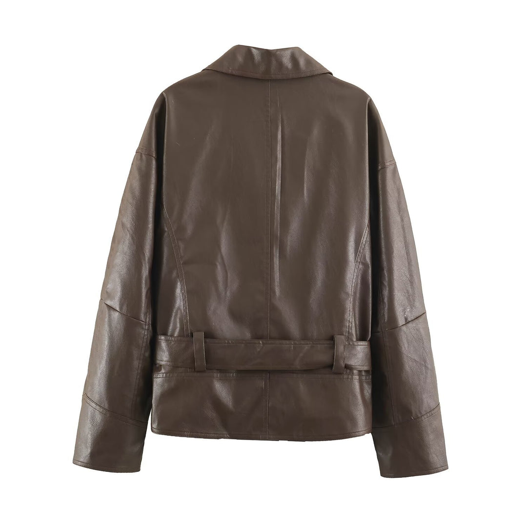 Damen Kurz geschnittene Lederimitat-Jacke mit Taillengürtel und asymmetrischer Knopfleiste Nord Taschen