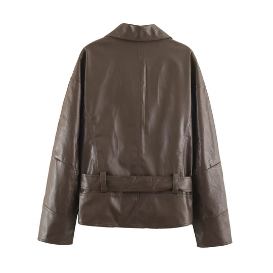 Damen Kurz geschnittene Lederimitat-Jacke mit Taillengürtel und asymmetrischer Knopfleiste Nord Taschen