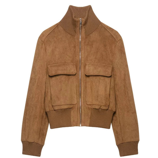 Damen Kurzer Veloursleder‑Bomber mit Stehkragen, aufgesetzten Klappentaschen und Rippenbündchen Nord Taschen