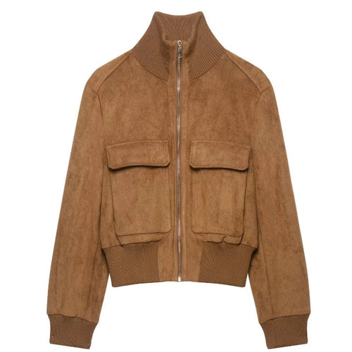 Damen Kurzer Veloursleder‑Bomber mit Stehkragen, aufgesetzten Klappentaschen und Rippenbündchen Nord Taschen