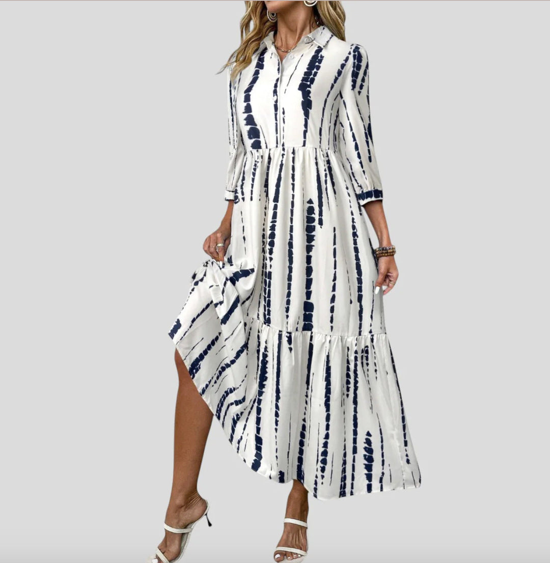 Damen Langarm Maxikleid mit modernen Streifenmuster und Taschen